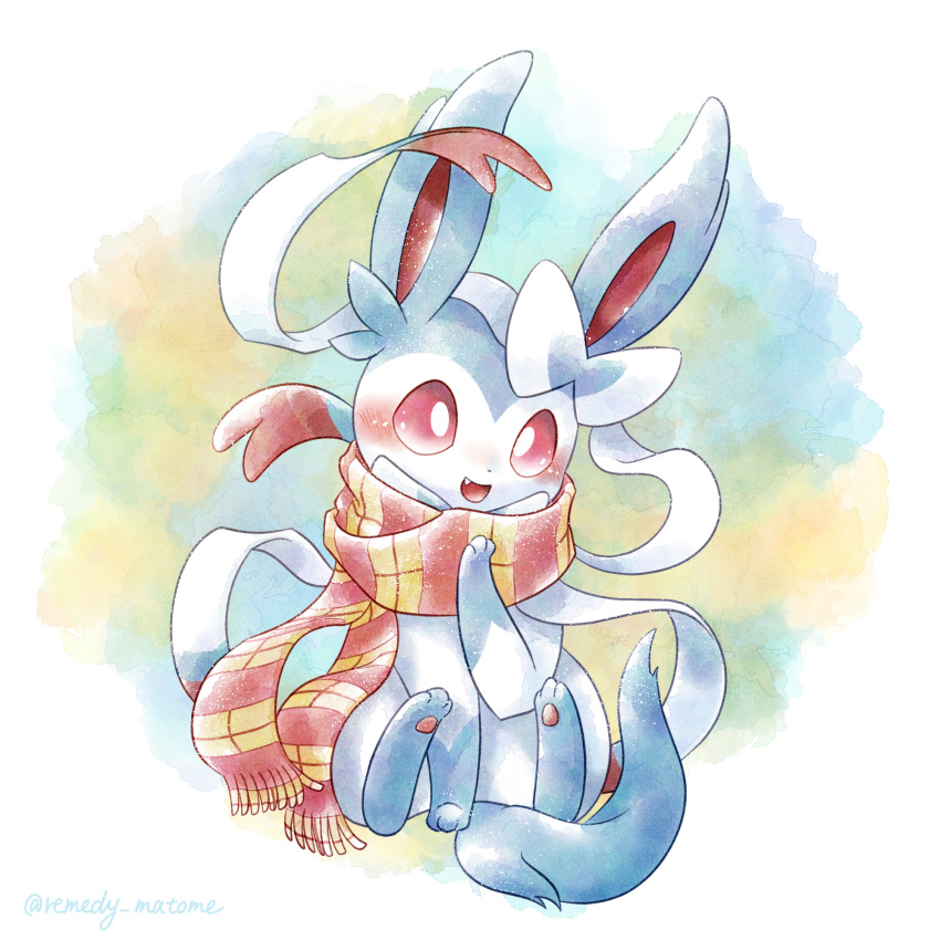 alternate_color animal_focus artist_name bow bright_pupils commentary_request fang highres multicolored_background no_humans open_mouth pawpads pokemon pokemon_(creature) prehensile_ribbon red_eyes red_scarf remedy_matome scarf shiny_pokemon simple_background sitting sylveon tail twitter_username two-tone_scarf white_background white_bow yellow_scarf