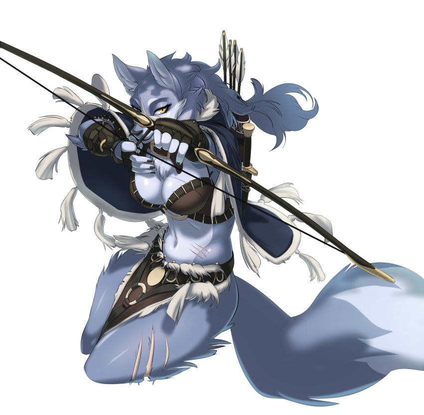 2018 5_fingers amber_eyes anthro archer arrow blue_fur bow_(weapon) bra breasts canine cervina7_(artist) cleavage clothed clothing female fingerless_gloves fur gloves hi_res holding_object holding_weapon loincloth looking_at_viewer mammal mantle melee_weapon midriff multicolored_fur navel nipple_bulge quiver ranged_weapon scabbard sheathed_weapon simple_background solo sword two_tone_fur underwear weapon white_background white_fur wolf