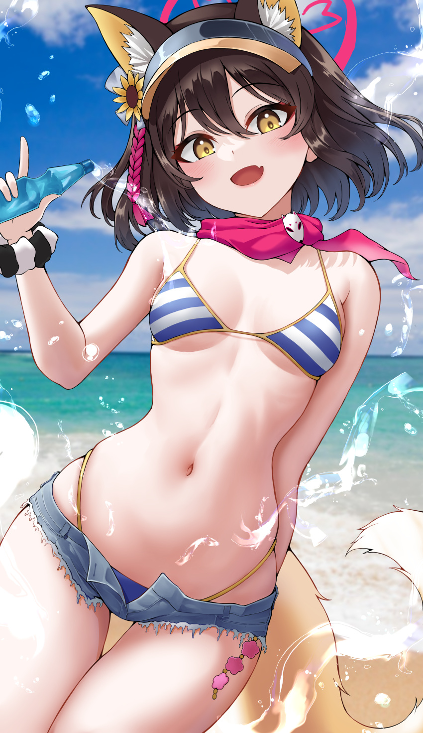 1girl :d absurdres animal_ears beach bikini black_hair blue_archive blue_shorts blue_sky bottle breasts cloud commentary_request day fang flower fox_ears fox_girl fox_tail hair_between_eyes hair_flower hair_ornament highres holding holding_bottle izuna_(blue_archive) izuna_(swimsuit)_(blue_archive) lds_(dstwins97) looking_at_viewer medium_breasts navel ocean official_alternate_costume open_mouth outdoors red_scarf scarf short_hair shorts skin_fang sky smile solo striped striped_bikini sunflower sunflower_hair_ornament swimsuit tail visor_cap yellow_eyes