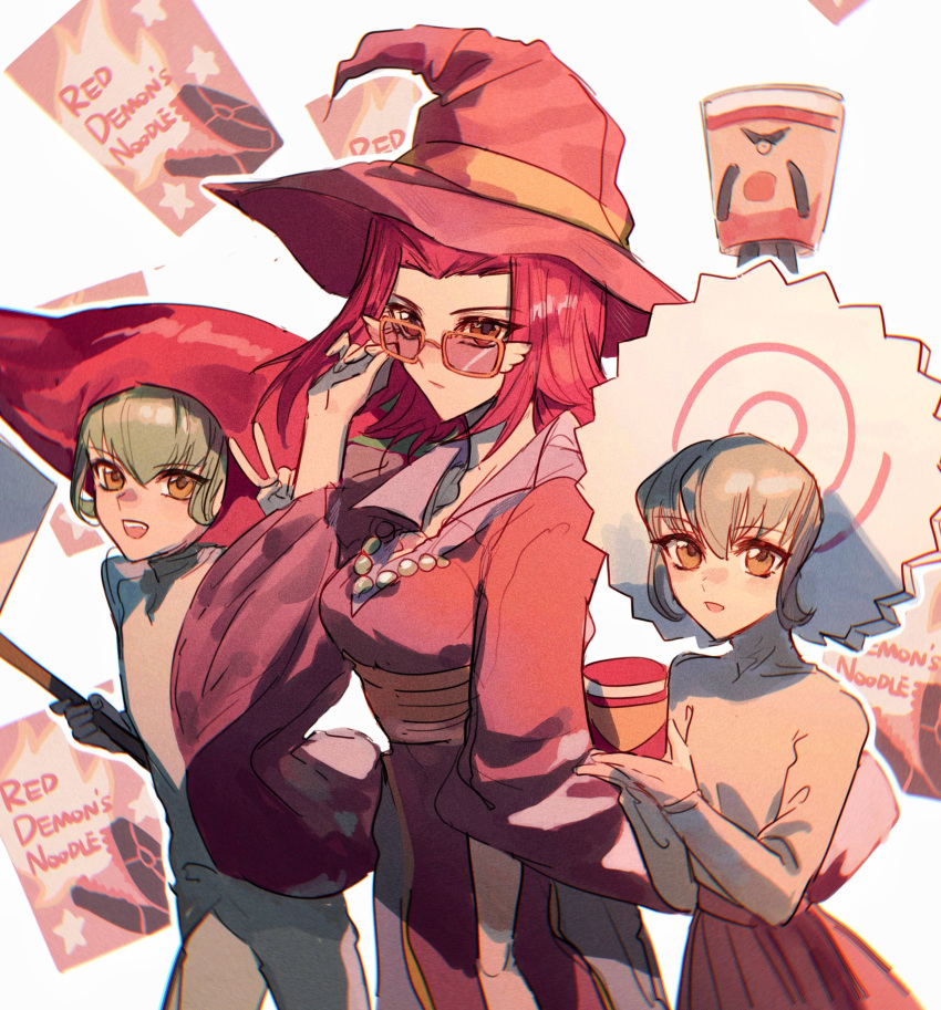 1boy 2girls absurdres adjusting_eyewear brown_eyes chili_pepper collared_shirt commentary cup cup_ramen english_text expressionless food green_hair green_shirt hat high_collar highres holding holding_cup holding_food holding_sign izayoi_aki jewelry jumpsuit kamaboko looking_at_viewer lua_(yu-gi-oh!) luca_(yu-gi-oh!) mascot_costume multiple_girls naoki_(2rzmcaizerails6) narutomaki necklace official_alternate_costume open_mouth orange_sash parted_bangs partially_unbuttoned pearl_necklace pleated_skirt purple_hair red_headwear red_skirt shirt short_hair sidelocks sign skirt smile standing sunglasses symbol-only_commentary turtleneck v v-neck walking witch_hat yu-gi-oh! yu-gi-oh!_5d's