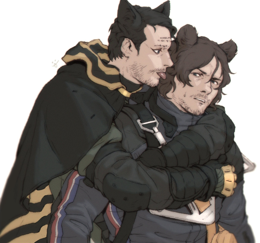 2boys animal_ears bear_ears black_cape black_gloves black_hair black_jacket brown_hair cape couple death_stranding facial_hair gloves hamms_hamss higgs_(death_stranding) highres hood hooded_cape hug hug_from_behind jacket looking_at_another male_focus multiple_boys sam_porter_bridges short_hair simple_background tongue tongue_out two-tone_cape white_background yaoi yellow_cape