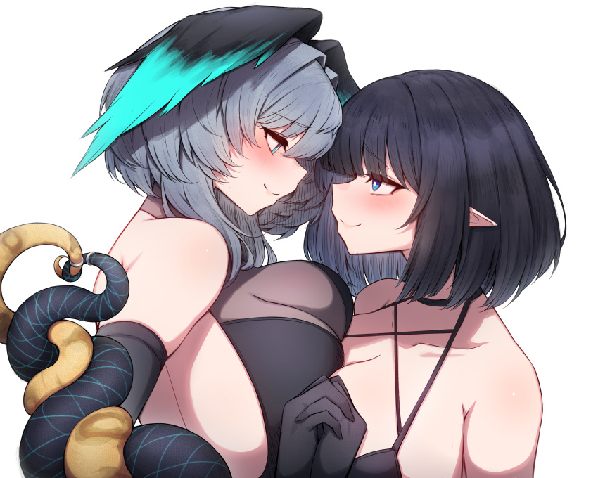 2girls absurdres aqua_eyes arknights black_gloves black_hair black_shirt blue_eyes breasts cleavage commentary_request commission elbow_gloves eunectes_(arknights) fingerless_gloves gloves grey_hair head_wings highres ho'olheyak_(arknights) holding_hands huge_breasts intertwined_tails medium_hair multiple_girls pixiv_commission rikuguma shirt short_hair simple_background upper_body white_background wings yuri
