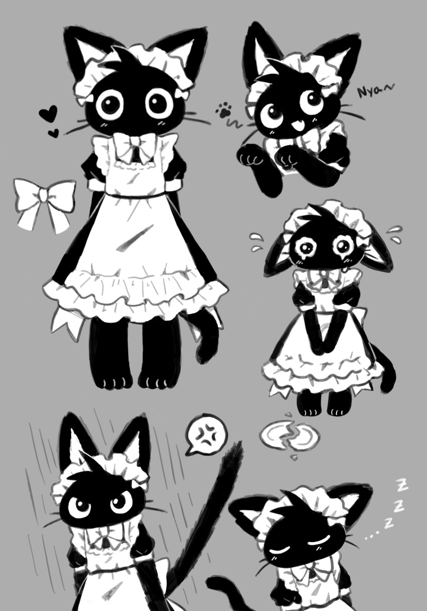 &lt;3 2023 4_toes angry anthro apron barefoot big_eyes biped black_body black_clothing black_dress black_ears black_eyes black_fur black_tail bodily_fluids bow_(feature) bow_accessory bow_ribbon broken clothed clothing cross-popping_vein crying cute_fangs digital_media_(artwork) domestic_cat dress ears_down eyes_closed feet felid feline felis female female_anthro front_view full-length_portrait fully_clothed fur grey_background greyscale head_tuft hi_res kemono long_tail looking_at_viewer maid_apron maid_cat_(non_nya_nya) maid_headdress maid_uniform mammal monochrome monotone_body monotone_fur monotone_tail mouthless multicolored_ears multiple_images neck_bow non_nya_nya open_mouth open_smile paw_pose pivoted_ears portrait pose sad shaded simple_background sleeping smile solo sound_effects speech_bubble standing tail tears toes tuft two_tone_ears uniform vowelless vowelless_sound_effect whiskers white_apron white_bow white_inner_ear white_ribbon zzz