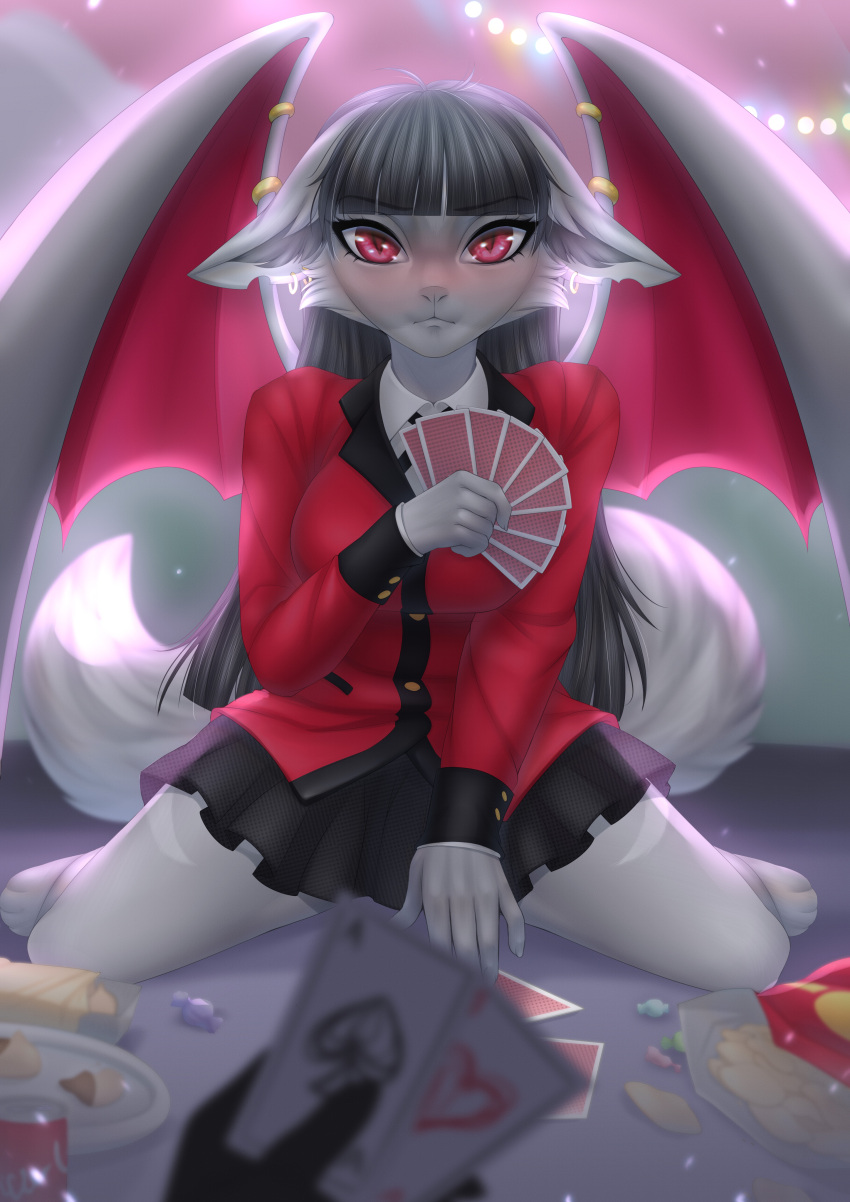 absurd_res artemis_(plaguedwolf) bat black_hair clothing ear_piercing female frown gambling hair hi_res inner_ear_fluff kakegurui mammal piercing poker red_eyes solo tuft ules wings