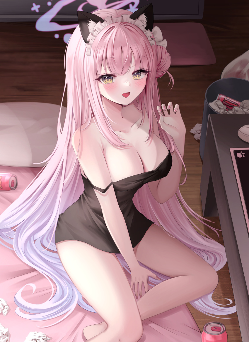 1girl absurdres animal_ears black_camisole blue_archive blush breasts camisole can cat_ears cleavage collarbone drink_can fake_animal_ears floor hair_bun halo highres iyusei_02 large_breasts long_hair looking_at_viewer mika_(blue_archive) monster_energy open_mouth pink_hair pink_halo revision single_side_bun smile solo used_tissue yellow_eyes