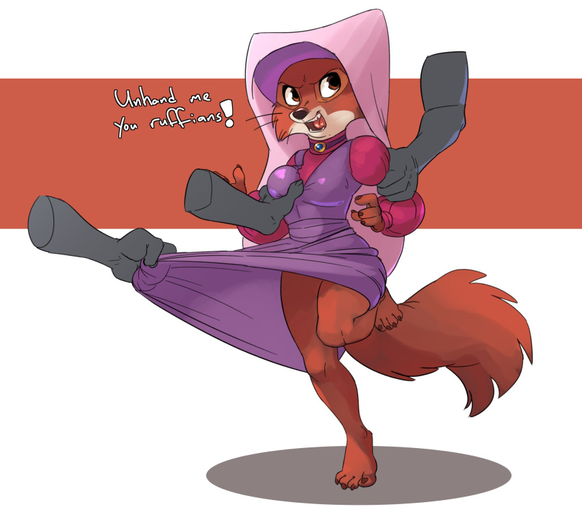 2018 ambiguous_gender angry anthro barefoot bottomless breast_grab breasts brown_eyes brown_fur canine clothed clothing dialogue disembodied_hand disney dress english_text female forced fox fur hand_on_breast hi_res maid_marian mammal open_mouth robin_hood_(disney) simple_background siroc text unseen_character