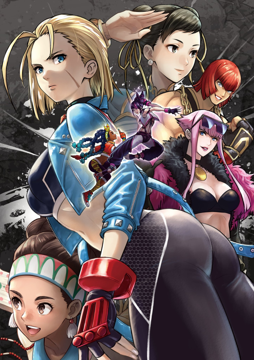 6+girls ass blonde_hair blue_eyes breasts brown_eyes brown_hair cammy_white chun-li cleavage earrings han_juri highres ito_(daisukidanchi) jacket jewelry kimberly_jackson leather leather_jacket lily_hawk manon_legrand marisa_(street_fighter) multiple_girls street_fighter street_fighter_6