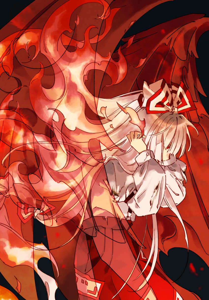 1girl black_background blunt_bangs bow fire floating_hair from_side frown fujiwara_no_mokou hair_bow hands_on_own_head highres kaigen_1025 long_bangs long_hair long_sleeves ofuda ofuda_on_clothes pants parted_lips phoenix_wings puffy_long_sleeves puffy_pants puffy_sleeves pyrokinesis red_eyes red_pants red_trim red_wings shirt sidelocks solo straight_hair suspenders touhou very_long_hair white_bow white_hair white_shirt wings