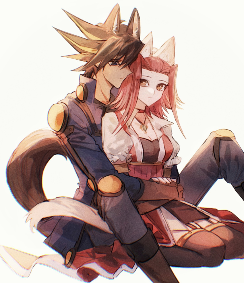1boy 1girl animal_ears between_legs black_fur black_gloves black_hair black_shirt black_thighhighs blue_eyes blue_jacket blue_pants boots brown_footwear brown_gloves cat_ears cat_girl cat_tail choker corset dog_boy dog_ears dog_tail dress elbow_gloves elbow_pads fingerless_gloves fudou_yuusei garter_straps gem gloves green_gemstone hands_on_another's_waist high_collar highres holding_hands hug hug_from_behind izayoi_aki jacket jewelry knee_pads kneeling looking_to_the_side medium_hair multicolored_hair naoki_(2rzmcaizerails6) necklace pants parted_bangs pendant puffy_short_sleeves puffy_sleeves red_choker red_corset red_dress red_hair shirt short_sleeves shoulder_pads simple_background sitting spiked_hair streaked_hair tail thighhighs white_background white_fur wolf_boy wolf_ears wolf_tail yu-gi-oh! yu-gi-oh!_5d's