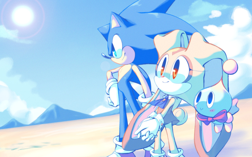 1boy 1girl :&gt; absurdres animal_ears animal_nose arm_at_side blue_eyes blue_fur blue_hair blue_neckerchief blue_sky blush body_fur bow bowtie chao_(sonic) cheese_(sonic) closed_mouth cloud collared_dress commentary cream_the_rabbit day desert dress dutch_angle english_commentary floating from_side full_body furry furry_female furry_male gloves hand_on_own_hip happy highres interlocked_fingers long_hair looking_up mountainous_horizon multicolored_fur nano_(nanolovesyou) neckerchief orange_dress orange_eyes orange_fur outdoors own_hands_together pointy_ears profile rabbit_ears rabbit_girl rabbit_tail red_bow red_bowtie red_footwear shoes short_dress sideways_mouth sky sleeveless sleeveless_dress smile socks sonic_(series) sonic_the_hedgehog spiked_hair standing sun tail traditional_bowtie white_fur white_gloves white_socks yellow_fur