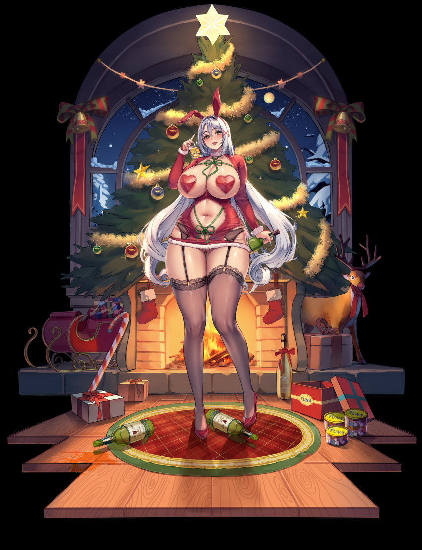 1girl absurdres animal_ears bell bikini black_garter_belt black_thighhighs bottle breast_cutout breasts candy candy_cane christmas christmas_ornaments christmas_stocking christmas_tree circe_(last_origin) clothing_cutout commentary_request cup curvy dress drinking_glass fake_animal_ears fireplace food fur-trimmed_dress fur_collar fur_trim garland_(decoration) garter_belt gift green_eyes grey_hair hair_ornament half-closed_eyes high_heels highres holding holding_bottle holding_cup huge_breasts indoors lace-trimmed_thighhighs last_origin long_sleeves looking_at_viewer micro_bikini microdress navel navel_cutout night no_panties pasties pussy rabbit_ears red_dress red_footwear reindeer side_cutout sleigh solo standing star_ornament swimsuit thigh_gap thighhighs tongue tongue_out window wow_(cor369) x_hair_ornament
