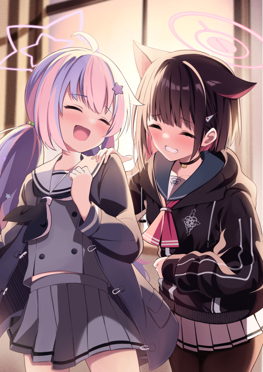 2girls acchii_(akina) animal_ears black_hair black_jacket black_neckerchief black_pantyhose blue_archive blush cat_ears colored_inner_hair extra_ears grey_serafuku grey_skirt grin hair_ornament hairclip halo highres hood hood_down hooded_jacket jacket kazusa_(blue_archive) long_hair long_sleeves multicolored_hair multiple_girls neckerchief open_clothes open_jacket open_mouth pantyhose pink_hair pink_halo pleated_skirt purple_hair reisa_(blue_archive) sailor_collar school_uniform serafuku short_hair skirt smile star_(symbol) star_hair_ornament textless_version twintails white_sailor_collar white_skirt