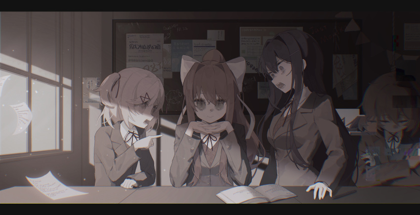 4girls absurdres angry annoyed arguing black_hair book bow brown_hair classroom closed_eyes closed_mouth commentary_request crossed_arms doki_doki_literature_club glitch green_eyes grey_jacket hair_bow hair_intakes hair_ornament hairclip highres indoors interlocked_fingers jacket letterboxed long_hair long_sleeves looking_at_another looking_at_viewer medium_hair monika_(doki_doki_literature_club) multiple_girls muted_color natsuki_(doki_doki_literature_club) neck_ribbon one_side_up open_book open_mouth own_hands_together pink_hair ponytail poster_(object) rcs_4 ribbon sayori_(doki_doki_literature_club) school_uniform smile white_bow yuri_(doki_doki_literature_club)