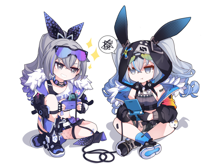 2girls :t absurdres animal_hood barcode barcode_tattoo bare_shoulders black_gloves bronya_zaychik bronya_zaychik_(haxxor_bunny) choker crossed_legs deformed drill_hair drill_ponytail eyewear_on_head fingerless_gloves gloves grey_eyes grey_hair grin handheld_game_console highres holding holding_handheld_game_console honkai:_star_rail honkai_(series) honkai_impact_3rd hood multiple_girls on_floor playing_games pout rabbit_hood shoes silver_wolf_(honkai:_star_rail) simple_background smile sneakers sparkle spoken_squiggle squiggle tattoo twin_drills white_background xtacy