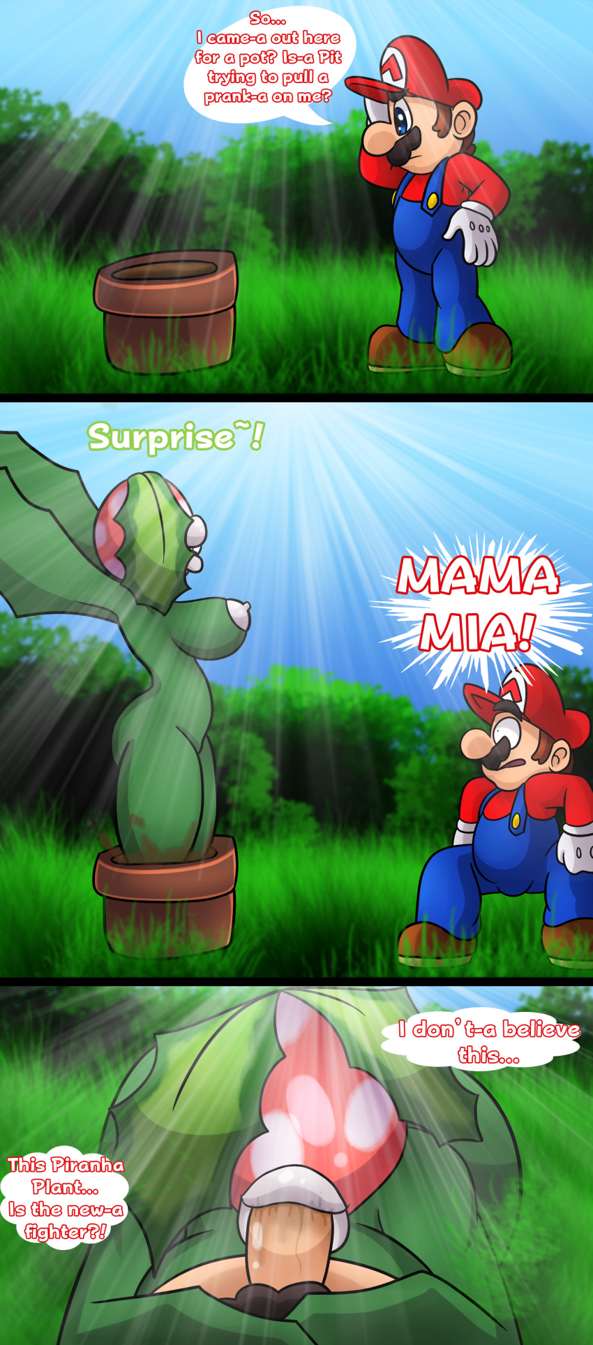 2018 blue_eyes breasts clothed clothing comic dialogue digital_media_(artwork) duo english_text erection fellatio female flora_fauna gloves hair hat humanoid leaves lips male male/female mammal mario mario_bros nintendo nipples not_furry nude oral oral_penetration penetration penis piranha_plant plant sex smile super_smash_bros super_smash_bros._ultimate text video_games white_nipples yoshimister
