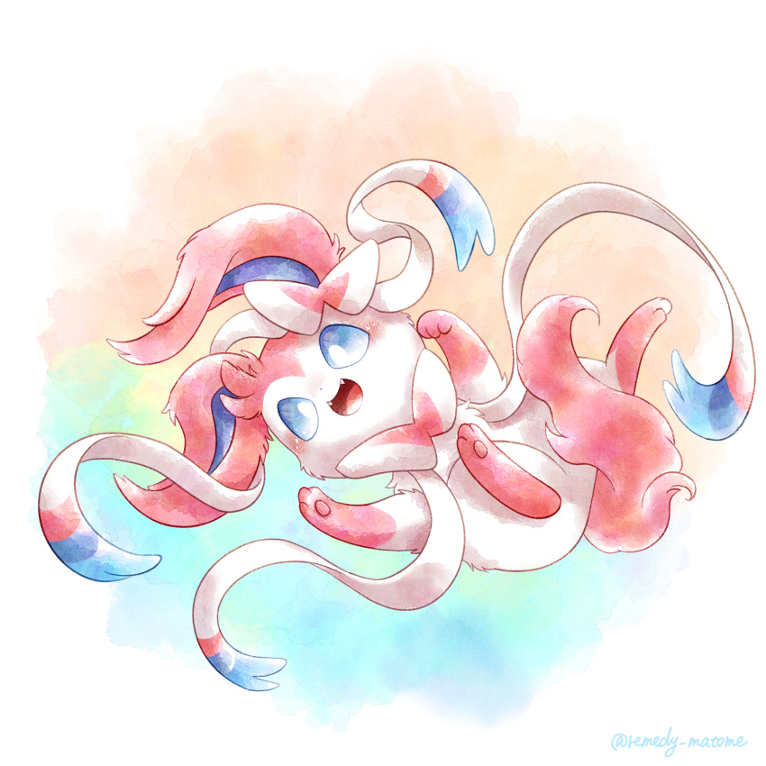 animal_focus artist_name blue_eyes bow bright_pupils commentary_request highres lying multicolored_background no_humans on_back pokemon pokemon_(creature) prehensile_ribbon remedy_matome sylveon twitter_username white_background white_bow white_fur