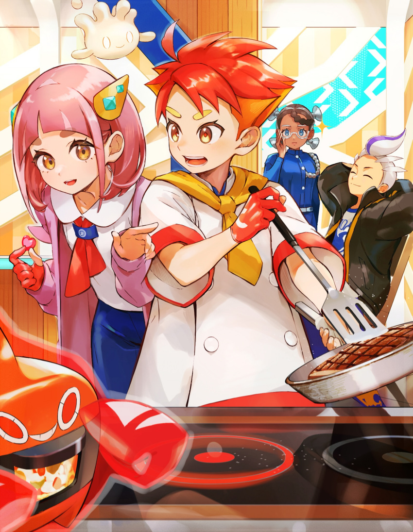 2boys 2girls amarys_(pokemon) arched_bangs black_hair blue_pants blush braid buttons cardigan closed_mouth coat collared_shirt cooking crispin_(pokemon) dark-skinned_female dark_skin drayton_(pokemon) eyelashes frying_pan glasses gloves grill grilling hair_ornament hairclip highres holding holding_frying_pan jacket kitchen lacey_(pokemon) ladle long_sleeves looking_at_viewer mismatched_eyebrows multicolored_hair multiple_boys multiple_girls neckerchief open_clothes open_mouth orange_hair orange_mikan pants pink_hair pokemon pokemon_sv purple_hair quad_tails red_gloves red_hair rotom rotom_(heat) school_uniform semi-rimless_eyewear shirt short_hair single_braid single_glove smile stove two-tone_hair white_hair white_shirt yellow_eyes
