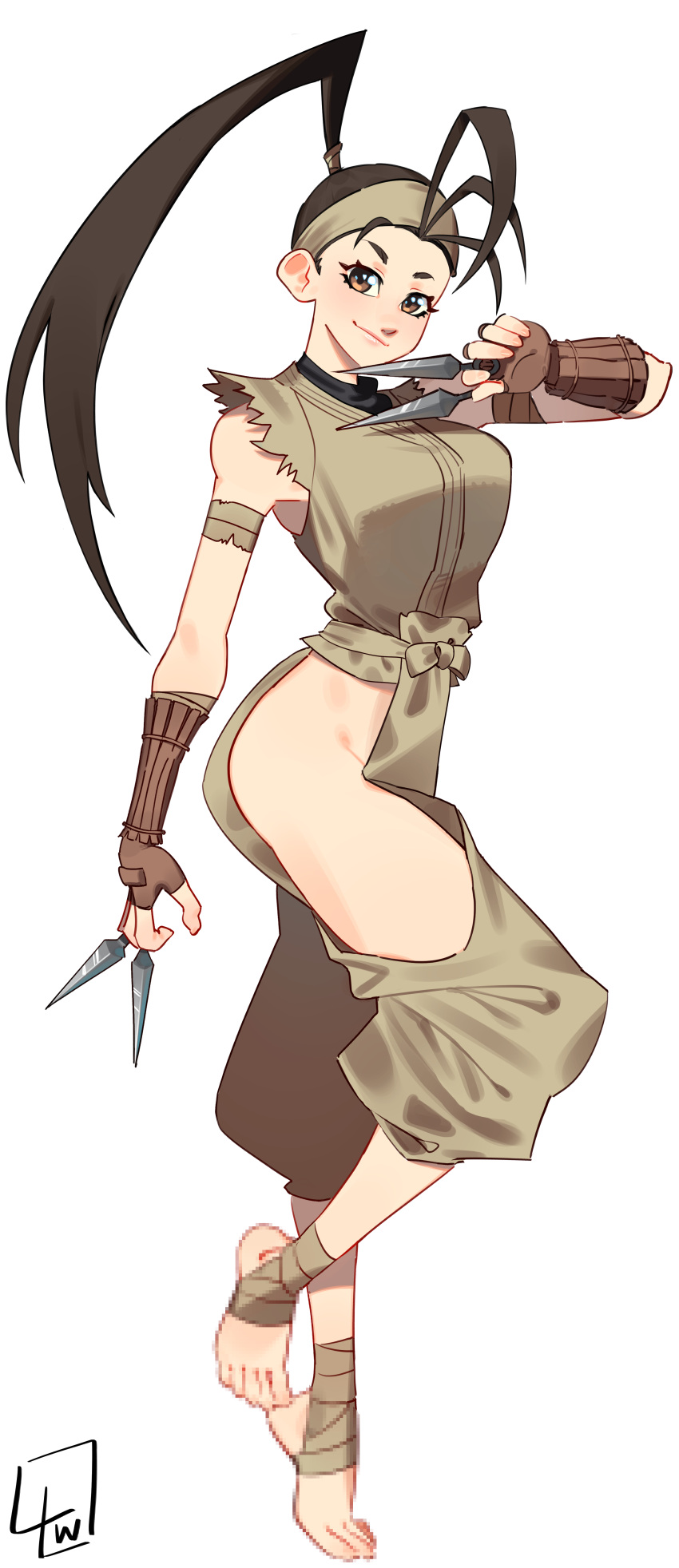 1girl absurdres arm_guards bandaged_foot bandages barefoot between_fingers black_undershirt brown_eyes brown_gloves brown_hair brown_headband censored closed_mouth clothing_cutout eyelashes fake_censor feet fingerless_gloves full_body gloves hand_up headband highres holding ibuki_(street_fighter) japanese_clothes kunai l4wless legs looking_at_viewer ninja ponytail short_sleeves side_cutout signature simple_background solo standing standing_on_one_leg stirrup_legwear street_fighter thighs tiptoes toeless_legwear toenails toes torn_clothes torn_sleeves weapon white_background