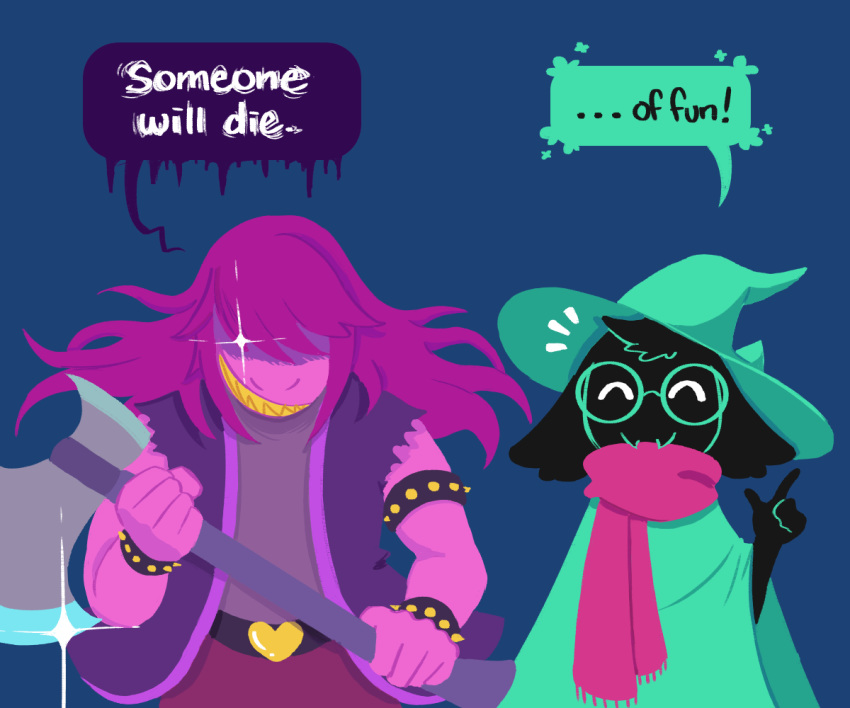 &lt;3 axe caprine deltarune dialogue dragon english_text eyewear fangs glasses goat hat humor lizard mammal melee_weapon ralsei reptile scalie scarf sharp_teeth susie_(deltarune) symphysins teeth text weapon