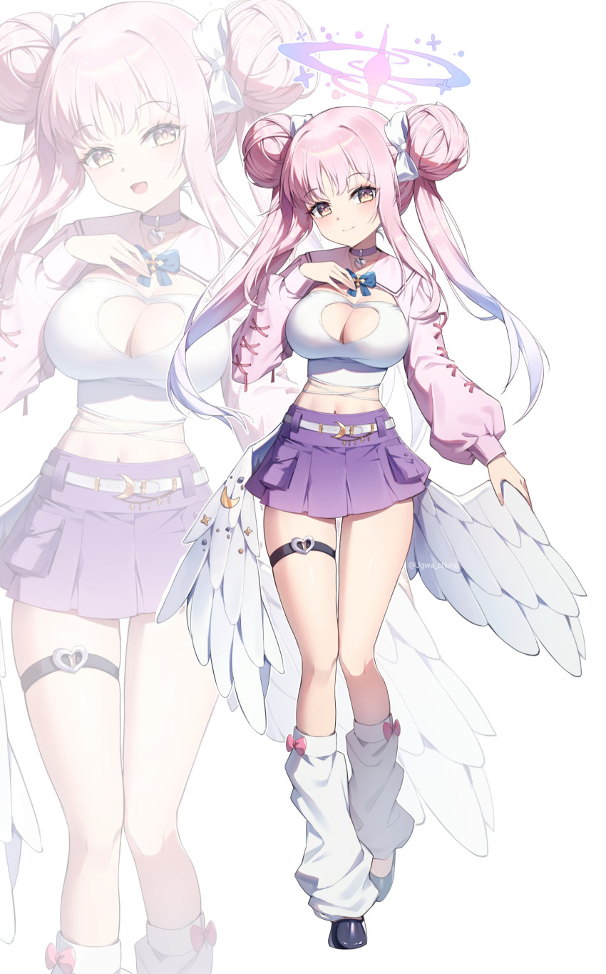 1girl absurdres alternate_costume angel_wings black_footwear blue_archive breasts choker cleavage closed_mouth double_bun feathered_wings hair_bun halo highres large_breasts long_hair long_sleeves looking_at_viewer loose_socks mika_(blue_archive) multiple_views navel open_mouth pink_hair pink_halo pleated_skirt purple_choker purple_skirt shoes simple_background skirt smile socks thigh_strap ugwa white_background white_socks white_wings wings yellow_eyes zoom_layer