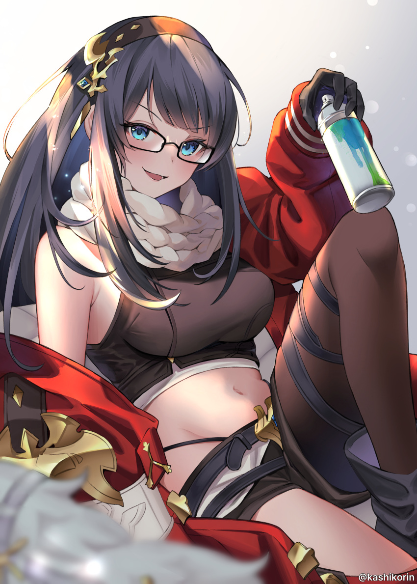 1girl absurdres black_gloves black_hair blue_eyes breasts brown_hairband glasses gloves granblue_fantasy hairband highres illnott midriff navel shorts single_leg_pantyhose spray_paint twitter_username yuntae