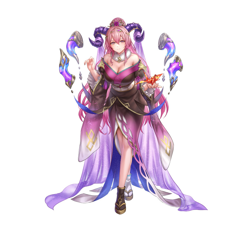 1girl absurdres anbe_yoshirou blush breasts cleavage curled_horns fire_emblem fire_emblem_heroes floating floating_object frilled_sleeves frills fur_trim gloves goat_horns hair_ornament highres horns large_breasts long_hair looking_at_viewer multicolored_hair nerthuz_(fire_emblem) nerthuz_(new_year)_(fire_emblem) official_art origami paper_crane pink_hair ponytail purple_eyes solo two-tone_hair very_long_hair