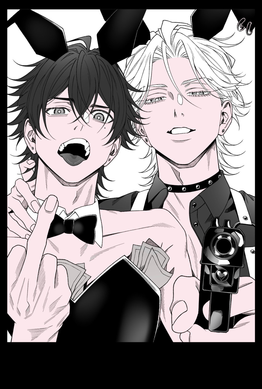 2boys animal_ears aohitsugi_samatoki black_leotard bow bowtie choker crossdressing detached_collar earrings fake_animal_ears finger_on_trigger gun handgun highres holding holding_gun holding_weapon hypnosis_mic jewelry leotard male_focus male_playboy_bunny middle_finger mole mole_under_eye money monochrome multiple_boys open_mouth parted_lips rabbit_ears simple_background smile strapless strapless_leotard stud_earrings studded_choker tongue tongue_out tucked_money upper_body weapon yamada_ichiro yuppenta