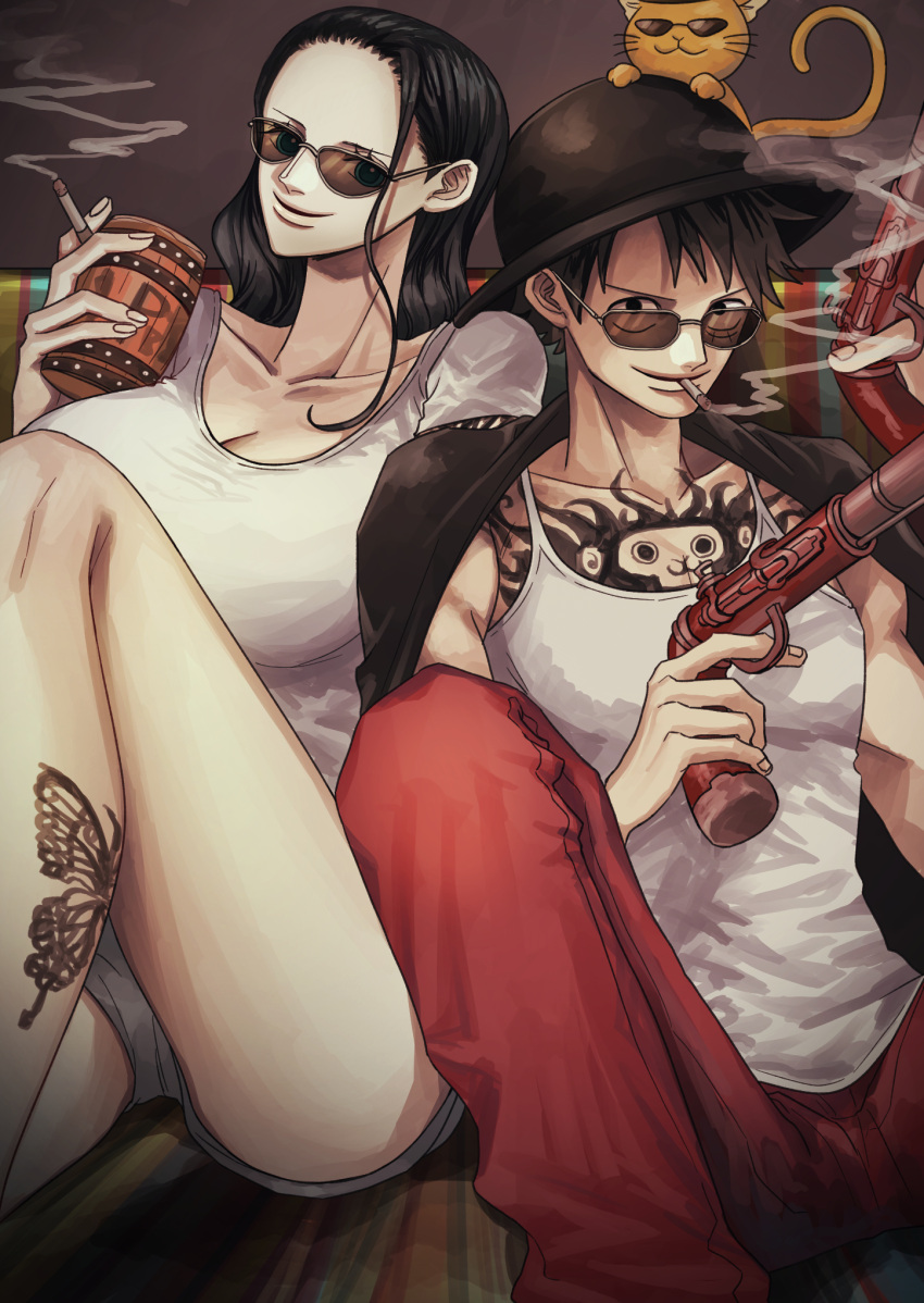 1boy 1girl alternate_costume beer_keg black_hair blue_eyes breasts cigarette cleavage closed_mouth commentary_request drink gun hat highres holding holding_cigarette holding_drink holding_gun holding_weapon large_breasts long_hair looking_at_viewer monkey_d._luffy mouth_hold nico_robin nsgw one_piece pants red_pants shirt short_hair shorts sitting smile smoke sunglasses tank_top tattoo weapon white_shirt white_tank_top