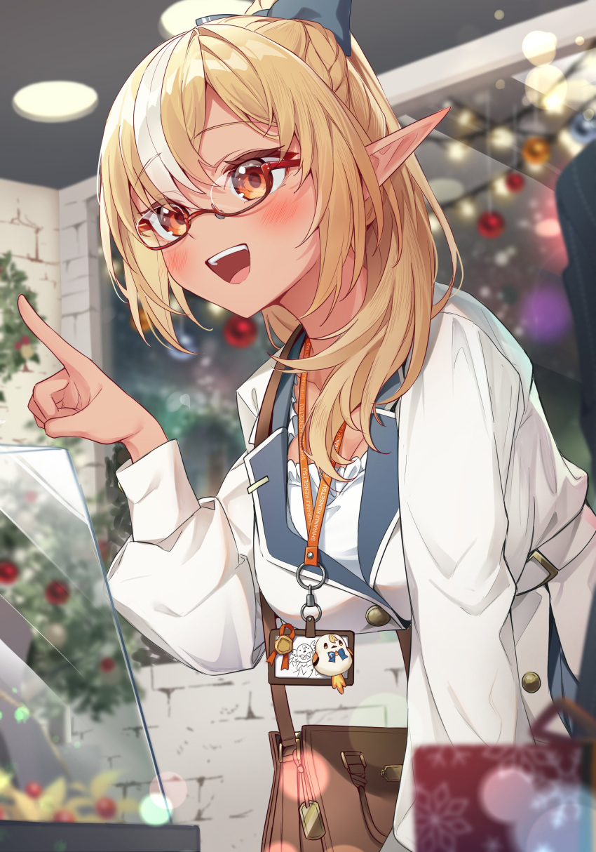 1girl absurdres bag belt bespectacled blonde_hair blue_bow blurry blush bokeh bow breasts brown_bag dark-skinned_female dark_skin depth_of_field elfriend_(shiranui_flare) glasses hair_bow highres hololive indoors jacket lanyard large_breasts long_hair looking_at_viewer multicolored_hair open_mouth pointing pointy_ears red_eyes shiranui_flare shirt shoulder_bag smile solo streaked_hair tang-du virtual_youtuber white_belt white_hair white_jacket white_shirt