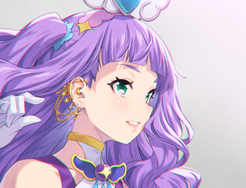 1girl blunt_bangs chromatic_aberration collarbone ear_piercing earrings floating_hair gloves green_eyes grey_background hair_ornament hirogaru_sky!_precure jewelry kazuma_muramasa long_hair parted_lips piercing portrait precure purple_hair solo white_gloves