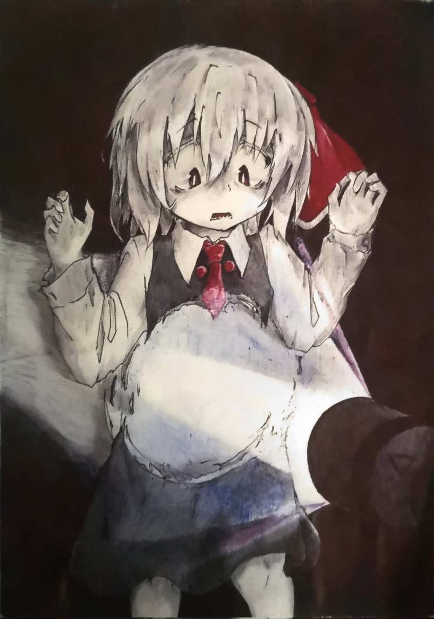 1girl 1other ascot black_vest blonde_hair cowboy_shot flashlight flashlight_beam hair_ribbon highres holding holding_flashlight hole kto_znaet looking_down necktie pale_skin red_eyes red_necktie ribbon rumia sharp_teeth short_hair skirt skirt_set solo_focus teeth touhou vest