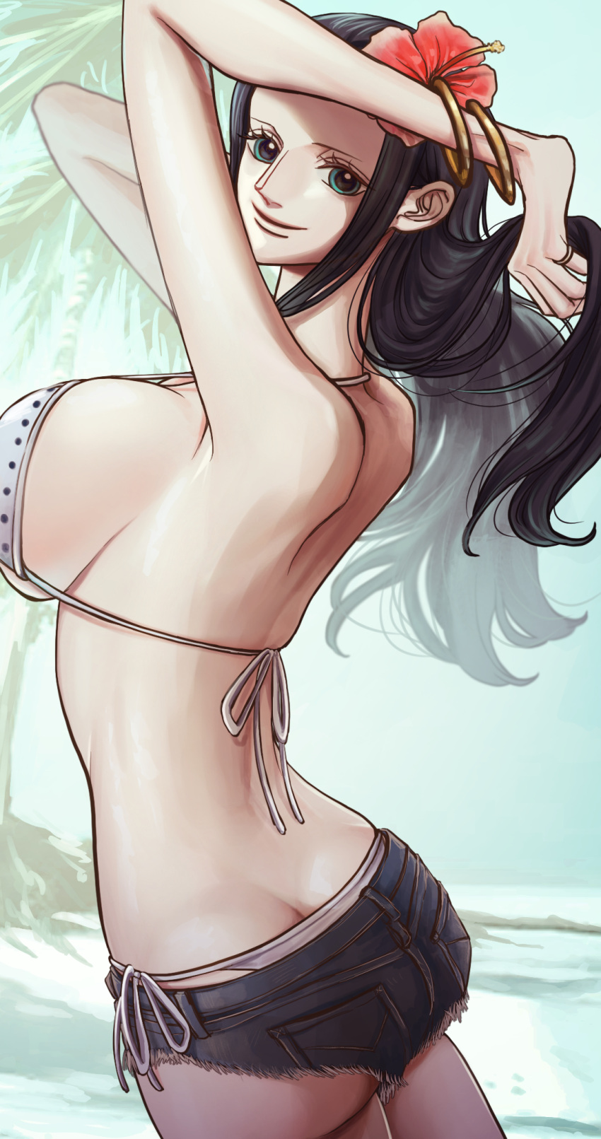 1girl ass back beach bikini bikini_under_clothes bikini_under_shorts black_hair blue_eyes bracelet breasts closed_mouth commentary_request denim denim_shorts flower hair_flower hair_ornament highres jewelry large_breasts long_hair looking_at_viewer nico_robin nsgw one_piece palm_tree ring shorts side-tie_bikini_bottom skirt smile solo swimsuit thighs tree water white_bikini