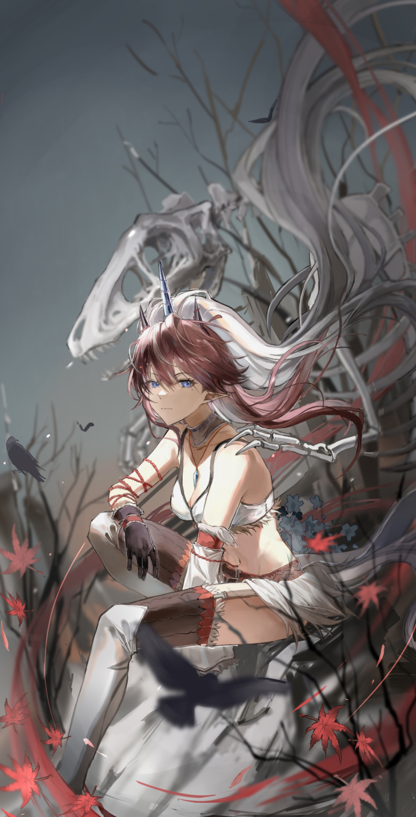 1girl absurdres animal_skeleton arknights bird black_gloves blue_eyes bra breasts brown_hair cleavage garter_straps gloves grey_sky highres horns jewelry kirin_r_yato_(arknights) leaf long_hair looking_at_viewer maple_leaf mole mole_under_eye navel official_alternate_costume outdoors pendant sitting sky small_breasts solo stomach thighhighs underwear white_bra white_thighhighs whoa_fuwa yato_(arknights)