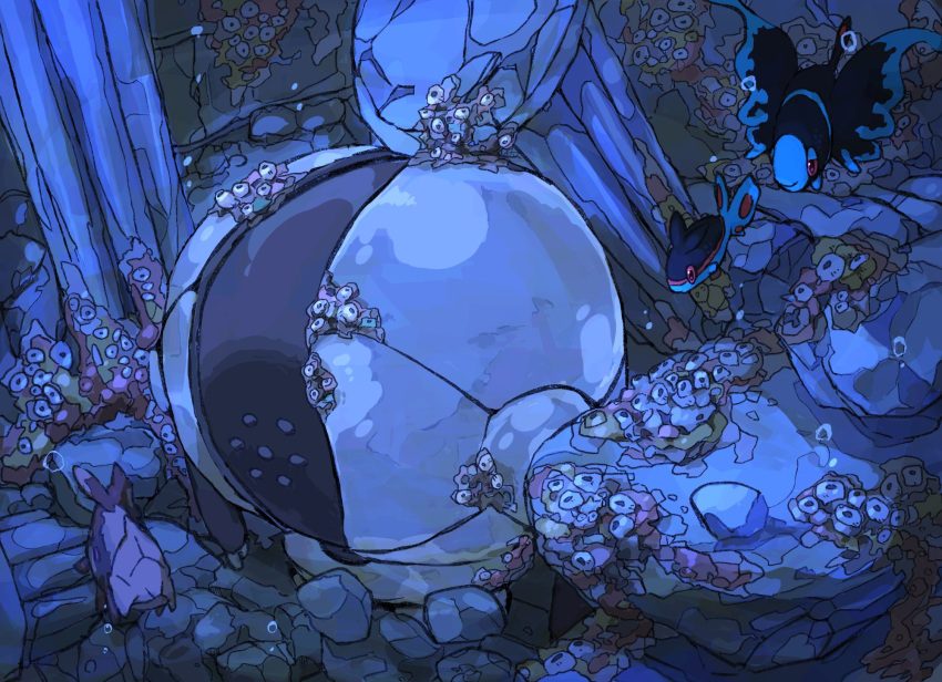 air_bubble aomon_(yuuji7604) barnacle bubble finneon fish highres lumineon no_humans partially_buried pillar pink_eyes pokemon pokemon_(creature) registeel relicanth rock ruins underwater