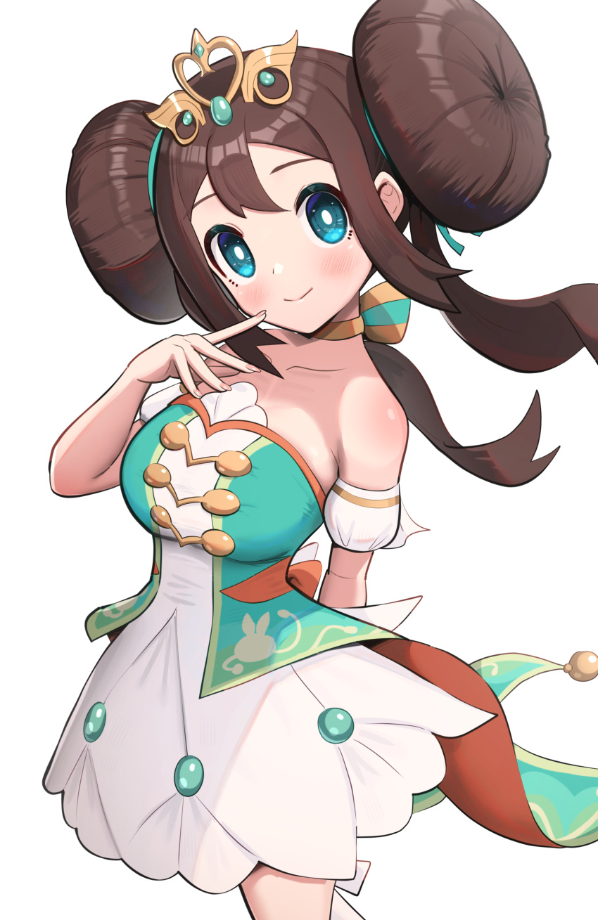 1girl absurdres aqua_dress armlet blue_eyes breasts brown_hair double_bun doughnut_hair_bun dress gonzarez hair_bun highres large_breasts light_blush long_hair looking_at_viewer multicolored_clothes multicolored_dress official_alternate_costume orange_dress pokemon pokemon_masters_ex rosa_(champion)_(pokemon) rosa_(pokemon) simple_background smile solo strapless strapless_dress tiara twintails white_background white_dress