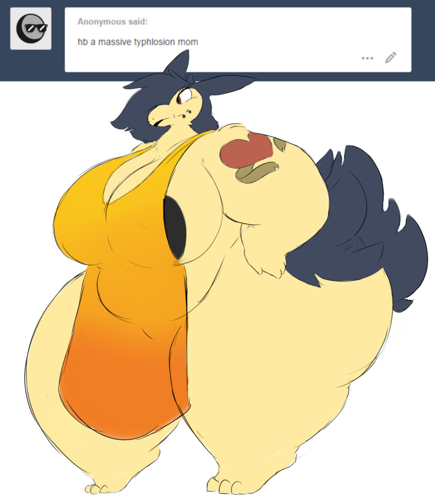 &lt;3 apron areola beauty_mark big_areola big_breasts blue_fur breasts cleavage clothed clothing eyelashes female fur lips mature_female nintendo overweight pok&eacute;mon pok&eacute;mon_(species) rakashama tattoo thick_thighs typhlosion video_games wide_hips yellow_fur