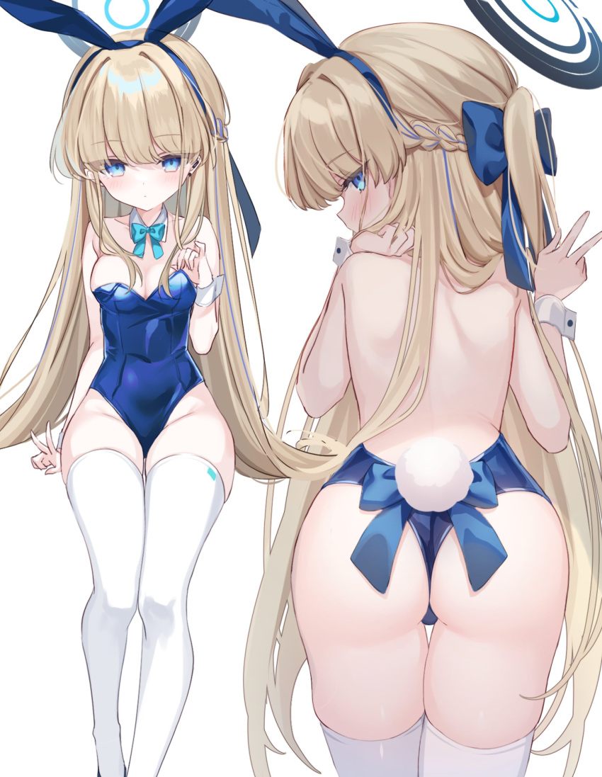 1girl absurdres animal_ears aqua_bow aqua_bowtie ass blonde_hair blue_archive blue_bow blue_bowtie blue_eyes blue_leotard bow bowtie breasts detached_collar earpiece fake_animal_ears fake_tail halo highleg highleg_leotard highres leotard long_hair looking_at_viewer medium_breasts multiple_views official_alternate_costume playboy_bunny rabbit_ears rabbit_tail shouu-kun strapless strapless_leotard tail thighhighs toki_(blue_archive) toki_(bunny)_(blue_archive) very_long_hair white_thighhighs white_wrist_cuffs wrist_cuffs