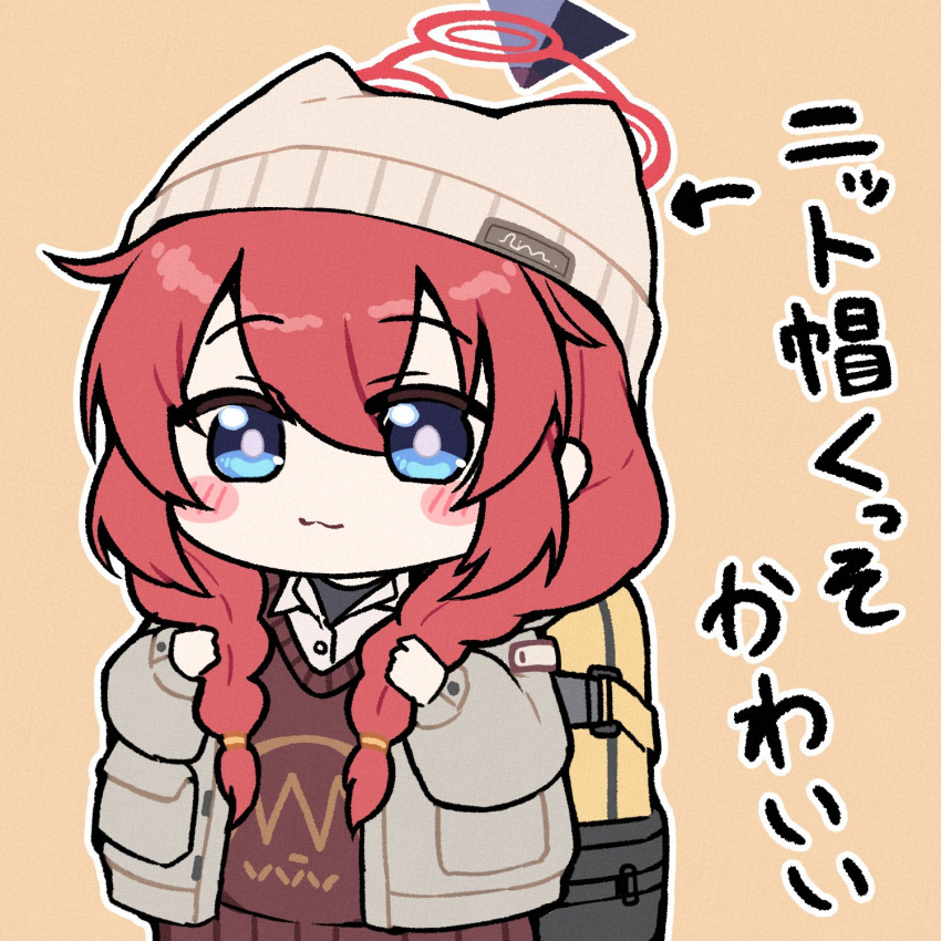 1girl blue_archive blue_eyes blush braid brown_shirt closed_mouth collared_shirt grey_jacket hair_between_eyes halo hat highres jacket light_smile long_hair long_sleeves maki_(blue_archive) maki_(camp)_(blue_archive) neshia_(tsaqif0309) official_alternate_costume official_alternate_hairstyle open_clothes open_jacket orange_background red_hair red_halo shirt simple_background solo twin_braids white_shirt yellow_headwear