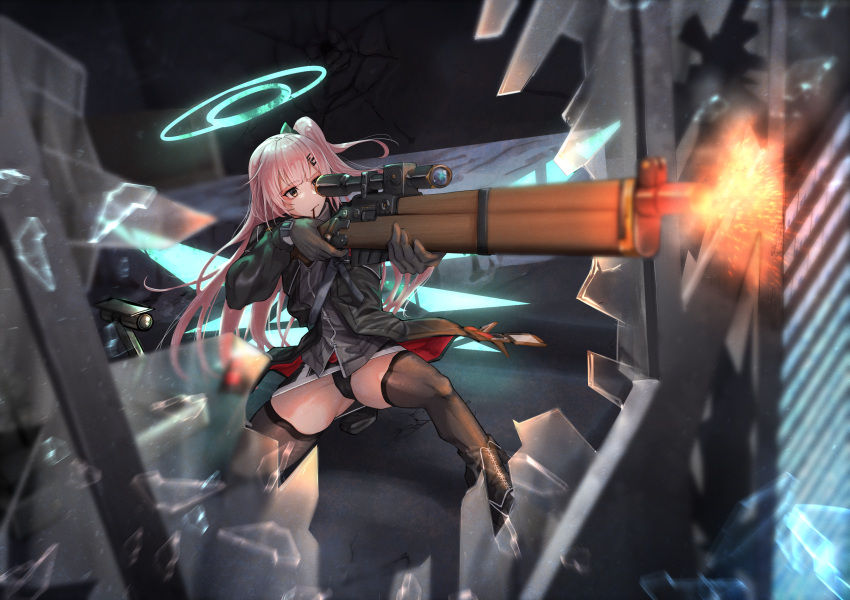 1girl absurdres ambriel_(arknights) arknights black_gloves black_jacket black_panties black_thighhighs bolt_action broken_window commission detached_wings energy_wings firing food food_in_mouth gloves gun halo highres holding holding_gun holding_weapon jacket kuromu lee-enfield long_hair long_sleeves mouth_hold one_side_up panties pink_hair pixiv_commission pocky pocky_in_mouth purple_eyes rifle solo thighhighs underwear weapon wings