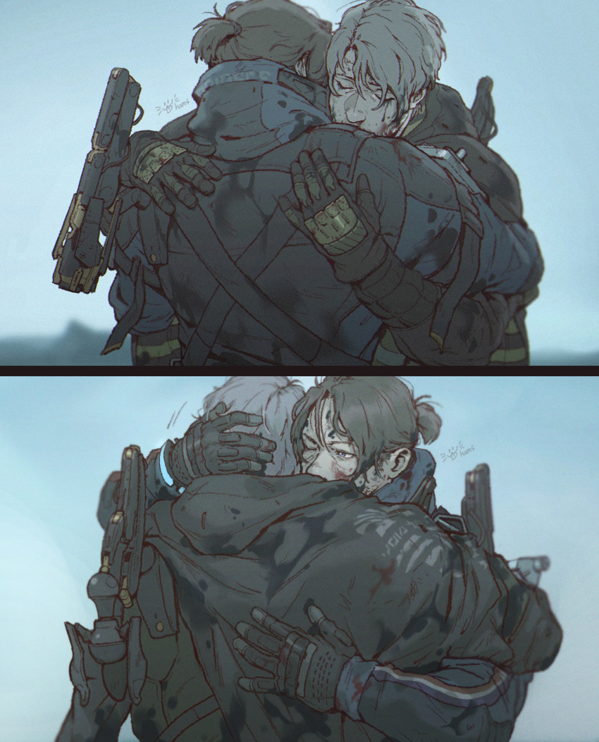 2boys black_gloves black_hair black_jacket blood blood_on_face blue_jacket blurry blurry_background day death_stranding dirty dirty_clothes dirty_face gloves grey_hair gun hamms_hamss higgs_(death_stranding) highres hood hood_down hooded_jacket hug jacket male_focus multiple_boys one_eye_closed outdoors ponytail sam_porter_bridges short_hair weapon weapon_on_back yaoi