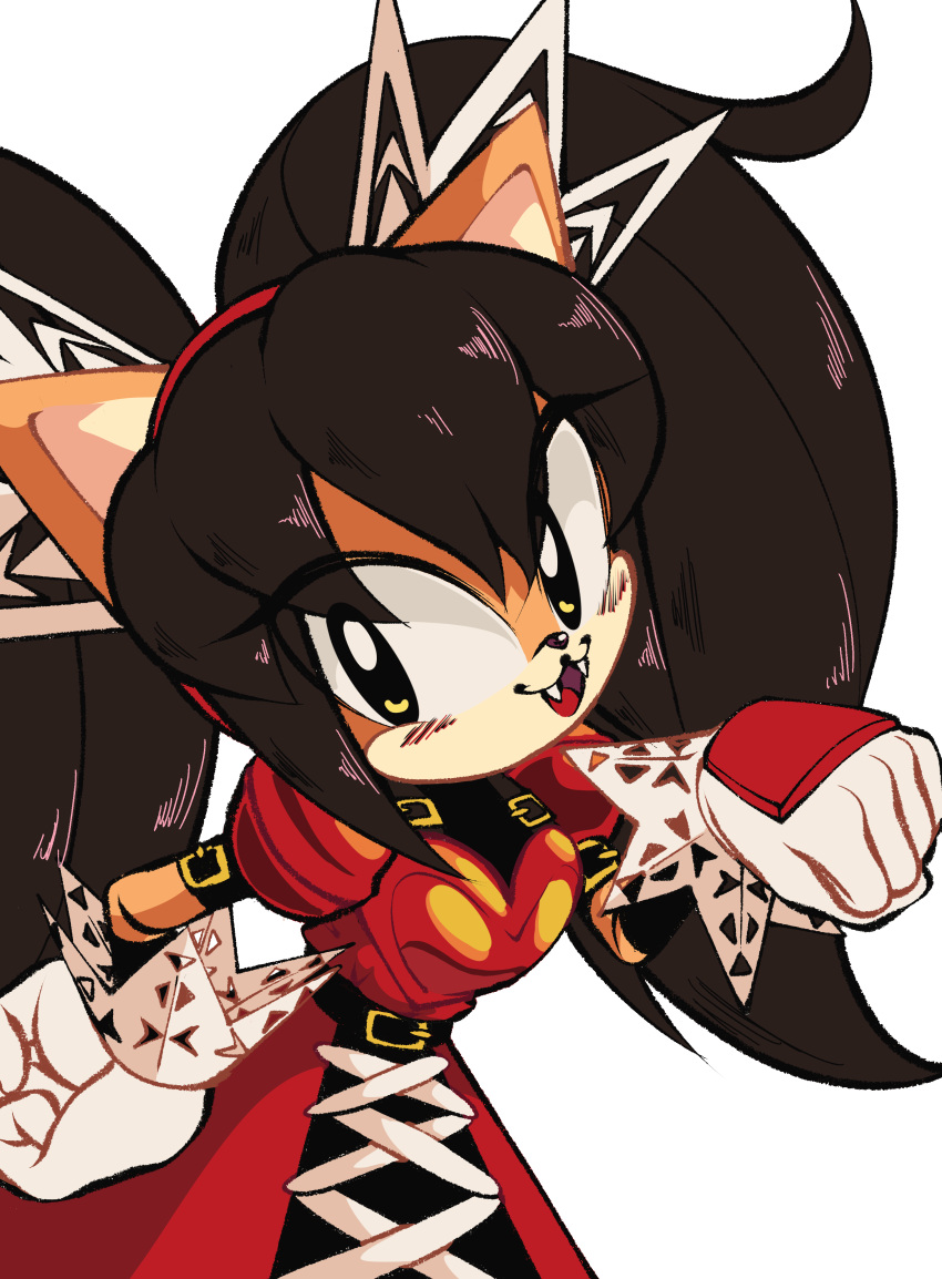 1girl :3 absurdres animal_ears armor belt black_hair blush cat_ears cat_girl clenched_hand commentary cowboy_shot cross-laced_clothes cross-laced_dress dress english_commentary fangs furry furry_female gloves hair_ornament hairband hand_on_own_hip hand_up happy head_tilt highres honey_the_cat leaning_forward long_hair looking_at_viewer nano_(nanolovesyou) open_mouth puffy_short_sleeves puffy_sleeves red_dress red_hairband short_sleeves sidelocks simple_background smile solo sonic_(series) sonic_the_fighters standing twintails white_background white_gloves yellow_eyes yellow_fur