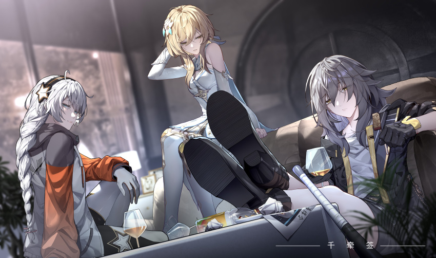 3girls absurdres ahoge bare_shoulders baseball_bat black_footwear black_gloves black_jacket blonde_hair blue_eyes bodysuit braid brown_hair closed_mouth company_connection couch detached_sleeves dress elbow_gloves flower genshin_impact glass gloves hair_flower hair_ornament half-closed_eyes highres honkai:_star_rail honkai_(series) honkai_impact_3rd indoors jacket juice kiana_kaslana kiana_kaslana_(white_comet) long_hair looking_at_viewer looking_back lumine_(genshin_impact) mihoyo multiple_girls qian_qian_qian shoe_soles sitting stelle_(honkai:_star_rail) table thighhighs trailblazer_(honkai:_star_rail) twin_braids white_bodysuit white_dress white_flower white_gloves white_hair white_jacket white_thighhighs yellow_background