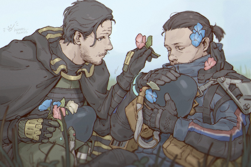 2boys black_cape black_gloves black_hair blue_flower blue_jacket cape closed_eyes couple death_stranding english_text facial_hair flower gloves green_pants grey_hair hamms_hamss higgs_(death_stranding) highres holding holding_flower hood hood_down hooded_cape jacket looking_at_another male_focus multiple_boys pants pink_flower sam_porter_bridges short_hair yaoi