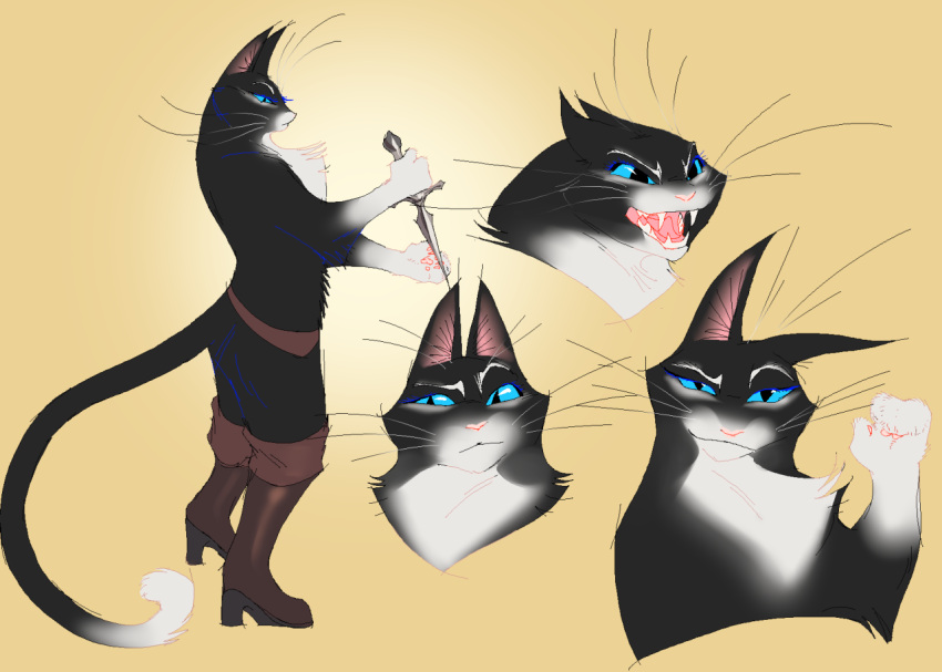 anthro boots clothing dagger digital_drawing_(artwork) digital_media_(artwork) domestic_cat dreamworks entitycore fangs felid feline felis female footwear kitty_softpaws mammal melee_weapon puss_in_boots_(dreamworks) sharp_teeth solo teeth weapon