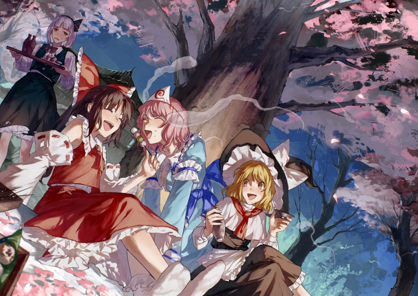 4girls aihara-rina black_skirt black_vest blonde_hair bow brown_hair cherry_blossoms closed_eyes cup dango detached_sleeves food green_skirt green_vest hair_bow hakurei_reimu hat highres kirisame_marisa konpaku_youmu long_sleeves multiple_girls nontraditional_miko pink_hair red_bow red_shirt red_skirt saigyouji_yuyuko sakazuki sanshoku_dango shirt skirt sleeveless sleeveless_shirt socks tokkuri touhou vest wagashi white_hair white_shirt white_socks wide_sleeves witch_hat yellow_eyes