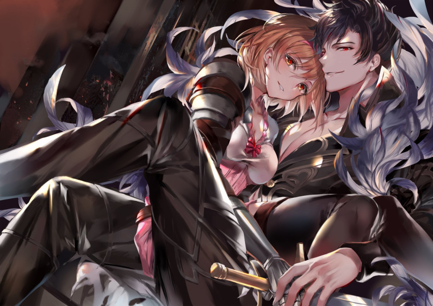 1boy 1girl belial_(granblue_fantasy) black_hair black_pants black_shirt black_thighhighs blonde_hair bow breasts brown_eyes cleavage couple crossed_legs djeeta_(granblue_fantasy) dress feather_boa gloves granblue_fantasy head_tilt hetero holding holding_sword holding_weapon looking_at_viewer medium_breasts messy_hair pants parted_bangs parted_lips pink_dress red_bow red_eyes shirt short_dress short_hair sitting sitting_on_lap sitting_on_person smile soraneko_hino sword thighhighs weapon