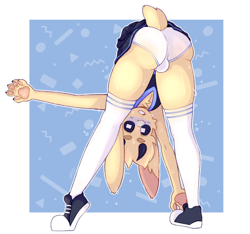 2020 5_fingers alpha_channel anthro balls_outline blue_background blush border bottomwear bovid bulge butt caprine clothing fingers footwear fur gaydotpng genital_outline goat lace_(lacethecutegoat) long_socks looking_at_viewer looking_through looking_through_legs male mammal pattern_background pawpads rear_view shoes simple_background skirt solo transparent_border underwear yellow_body yellow_fur