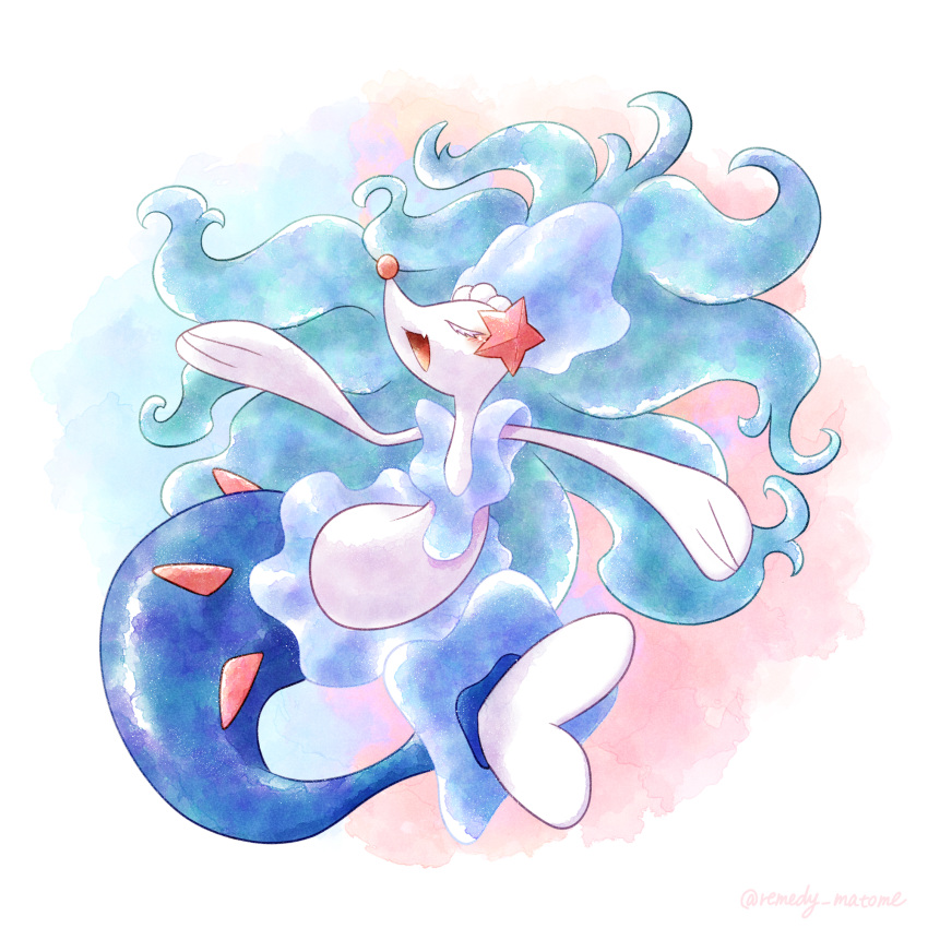 animal_focus artist_name blue_hair colored_eyelashes colored_skin commentary_request highres multicolored_background no_humans open_mouth pokemon pokemon_(creature) primarina remedy_matome sea_lion snout tail twitter_username white_background white_skin