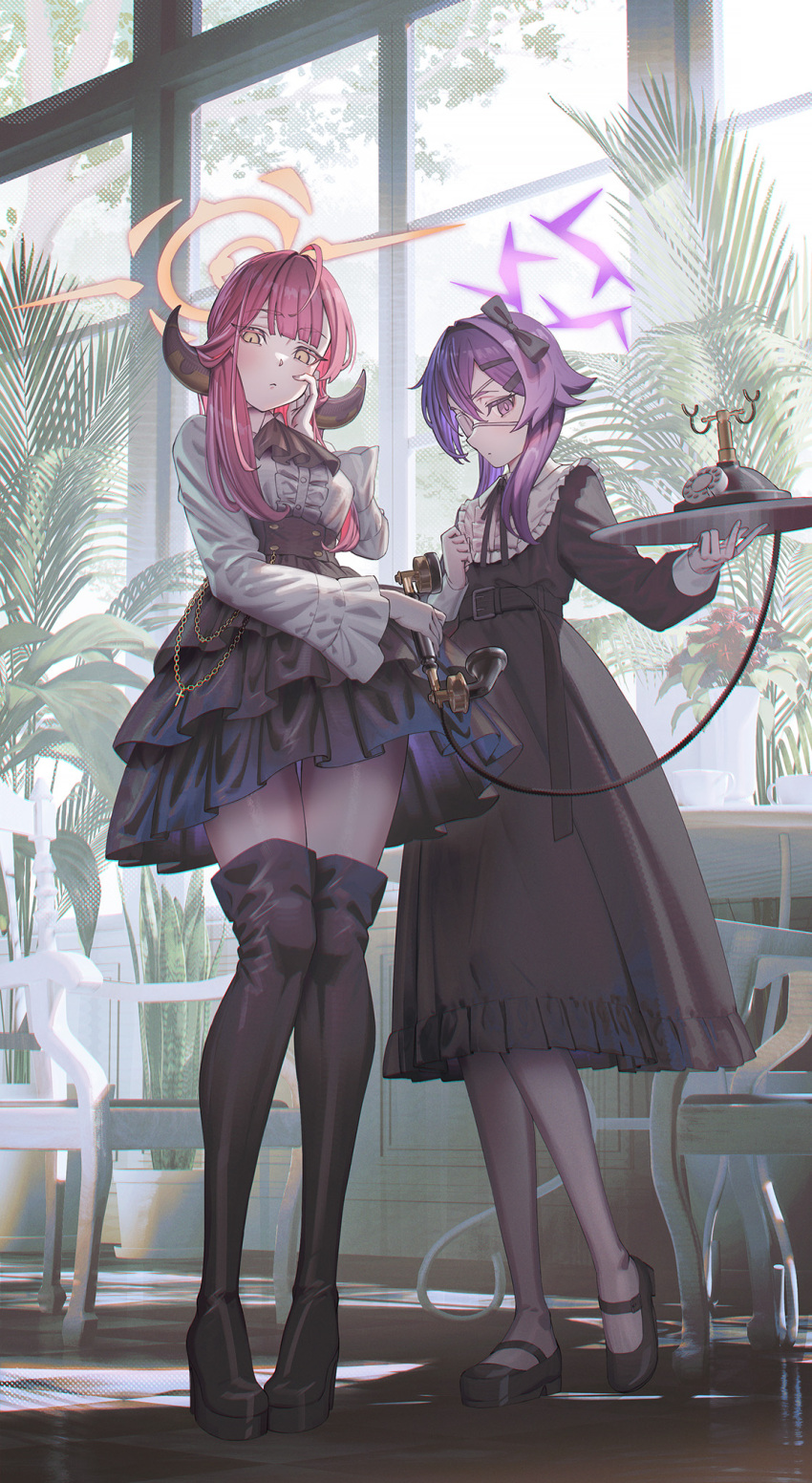 2girls aru_(blue_archive) black_dress black_footwear black_pantyhose black_skirt blue_archive boots breasts brown_horns corded_phone demon_horns dress eyepatch flat_chest full_body gloves halo haruka_(blue_archive) highres hironii_(hirofactory) holding holding_phone holding_tray horns indoors large_breasts long_hair long_sleeves multiple_girls pantyhose phone pink_hair pink_halo plant potted_plant purple_eyes purple_hair purple_halo shirt shoes skirt standing thigh_boots tray white_gloves white_shirt window yellow_eyes