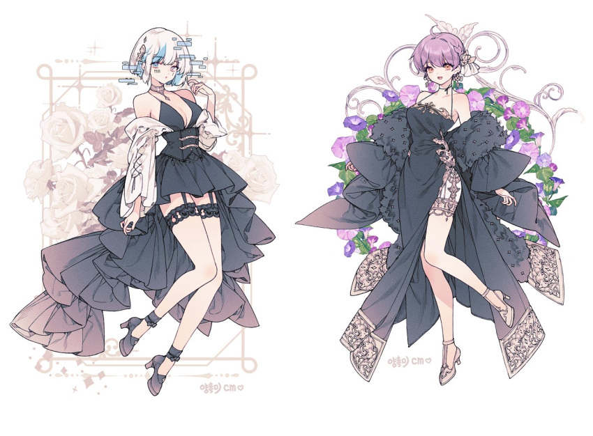 2girls ahoge barcode barcode_tattoo bare_shoulders black_dress black_footwear blue_eyes blue_hair bob_cut breasts choker choppy_bangs cleavage dress embroidery facial_tattoo fashion flower frilled_dress frills full_body garter_straps hair_ornament heterochromia high_heels large_breasts lemon89h long_dress looking_at_viewer medium_hair multicolored_hair multiple_girls open_mouth orange_eyes original purple_flower purple_hair rose short_hair sidelocks tattoo thighhighs two-tone_hair white_background white_flower white_hair white_rose yellow_choker yellow_eyes yellow_footwear